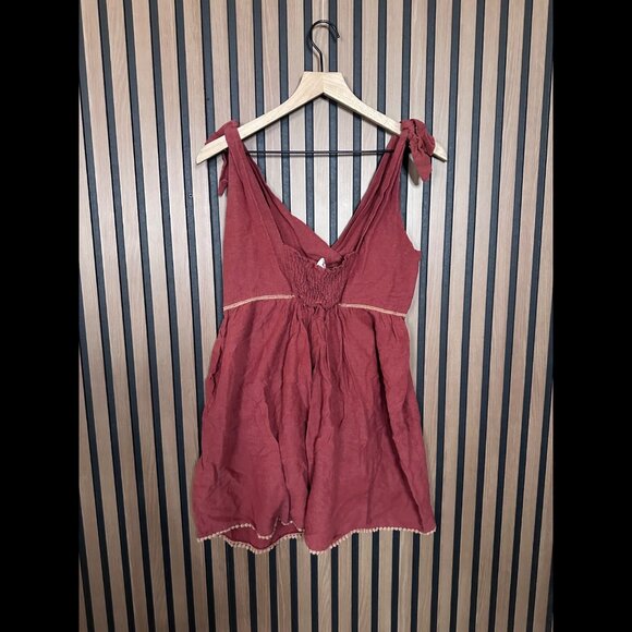 Flawless Mini Dress Large Womens Red Flax Linen Shoulder Tie Beaded Trim Smocked - Picture 2 of 6